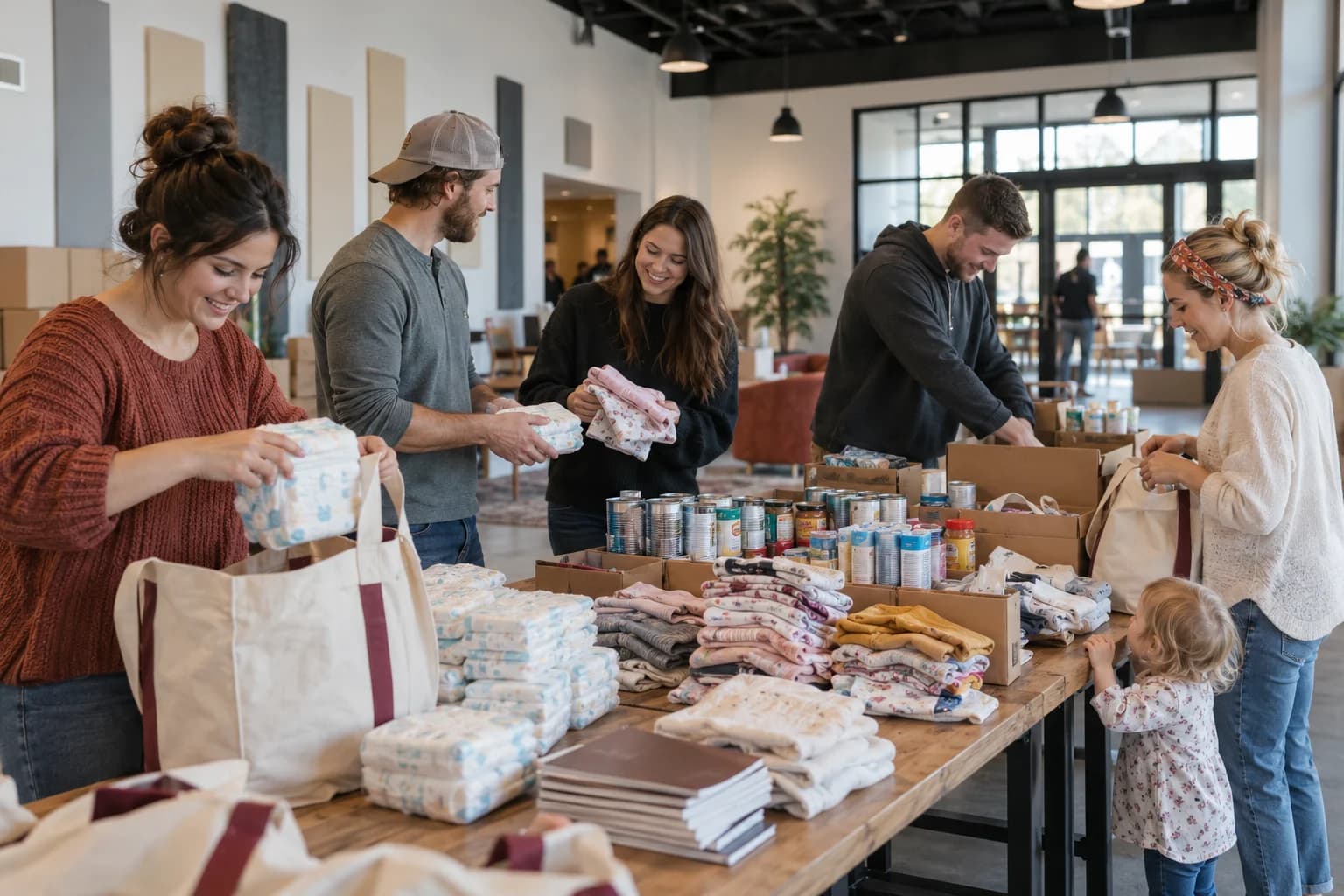 Volunteers working together to pack diapers, food, and family supplies