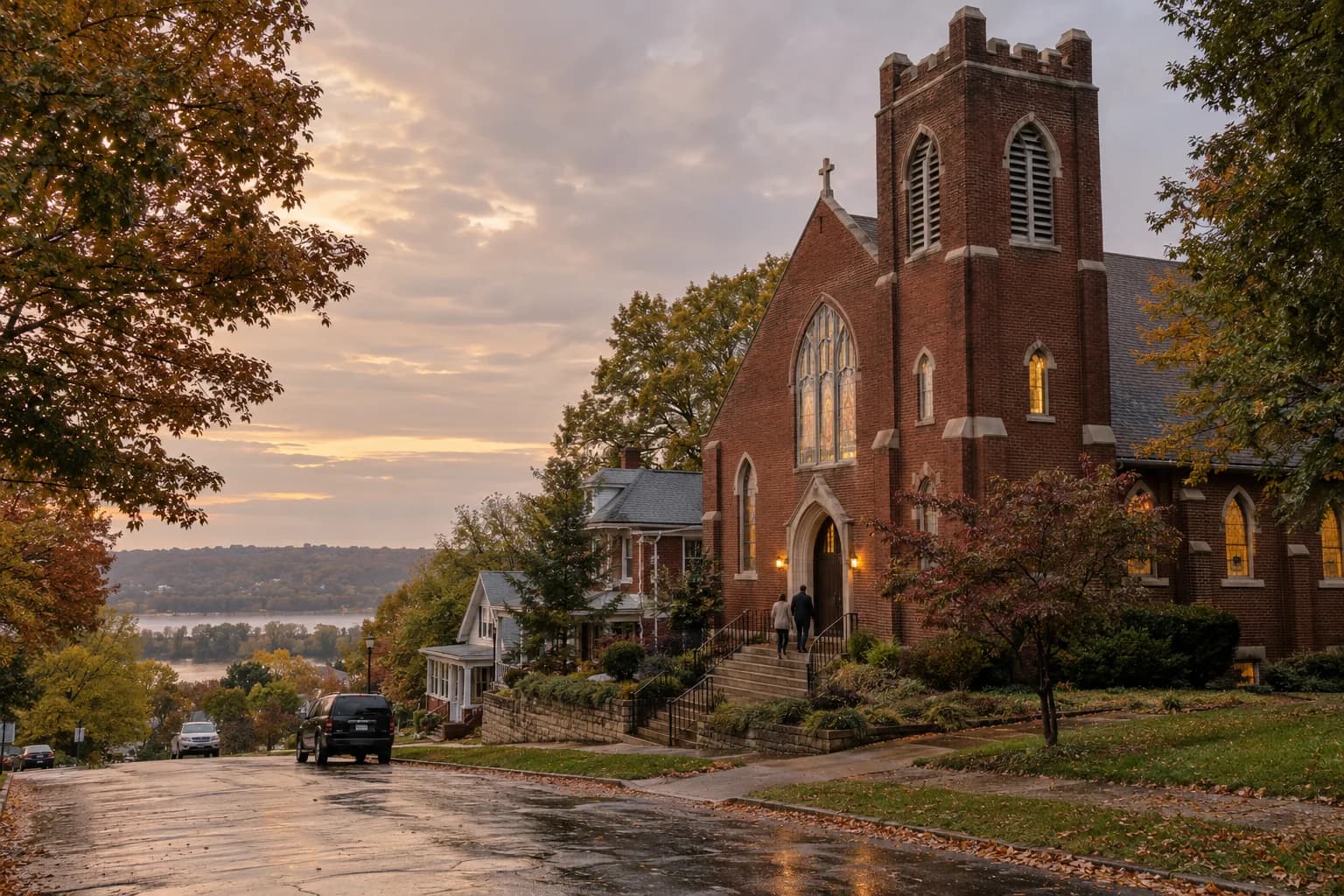 A brick church on a quiet riverside street at sunset