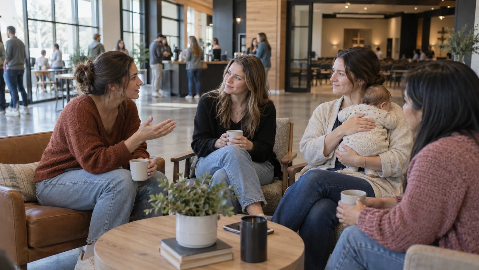 Women in conversation in a welcoming community space